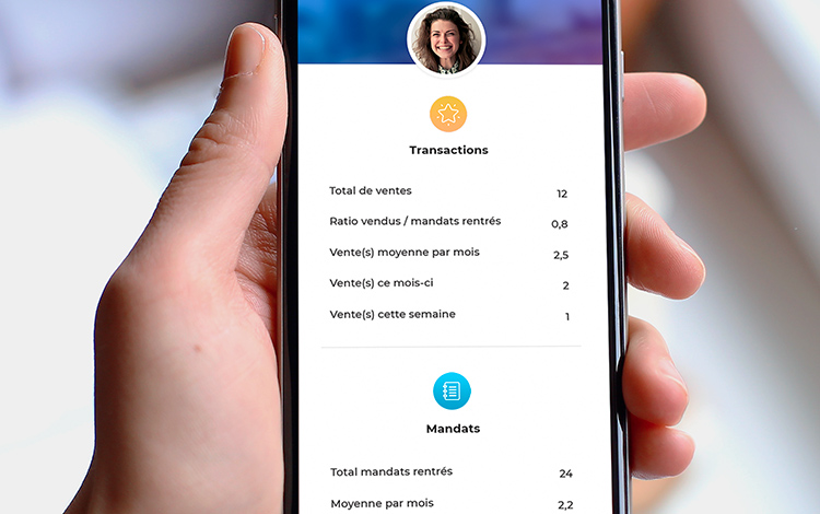 Statistiques commerciales d'un agent immobilier sur Ymo App